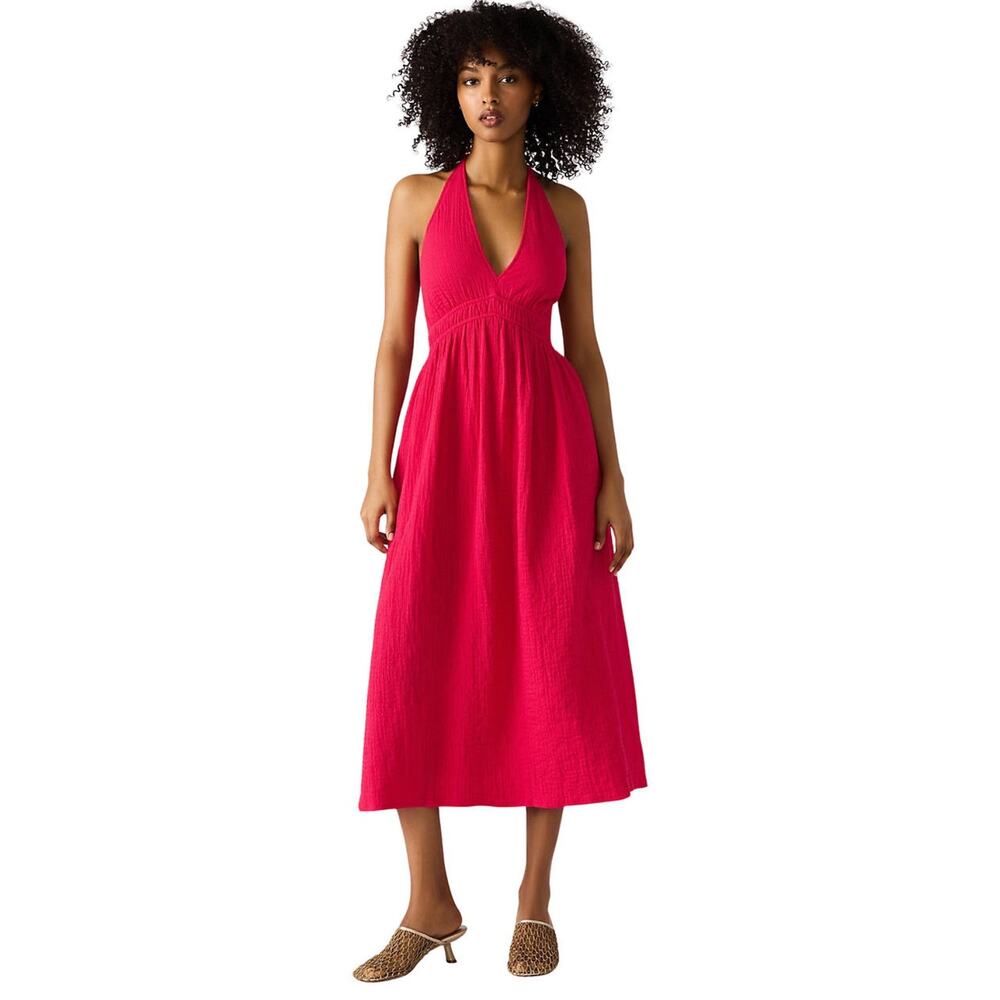 Steve Madden Piper Solid Halter Midi Dress Size Small Red Gauze NWT Garden Party